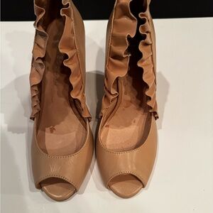 Jeffrey Campbell Elegant Tan Peep-Toe Ruffle Unicorn Heels (4 inches)